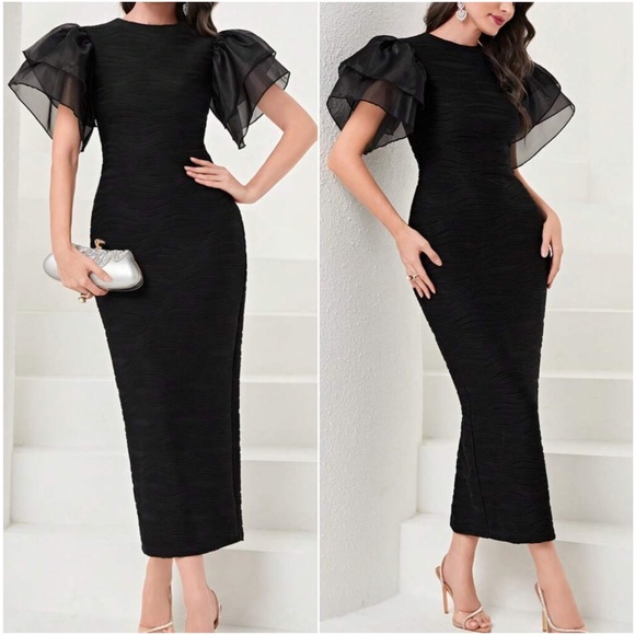 Luxe Black Ruffle Sleeve Party Evening Dress - Picture 1 of 4